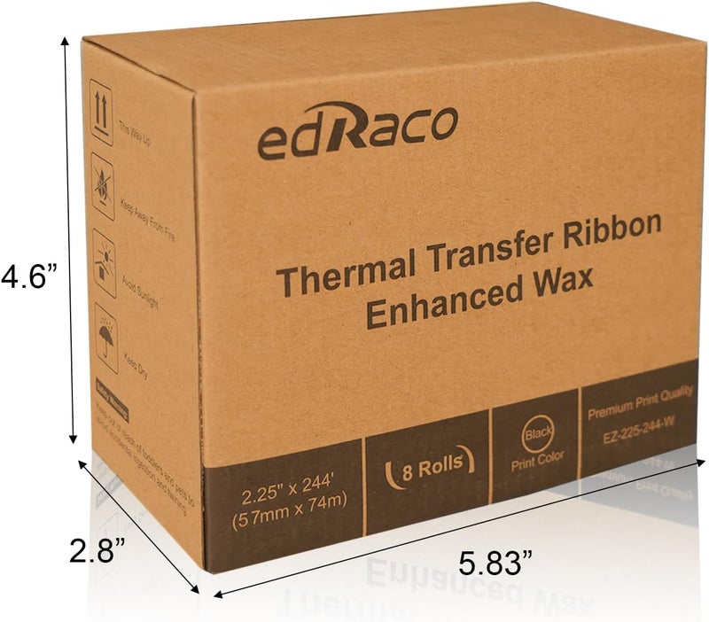 Edraco 8 Rolls Desktop Thermal Transfer Ribbons -Enhanced Wax, 2.25" x 244'(57mm x 74m), 0.5” Core, for Zebra Desktop Printer - Image 2